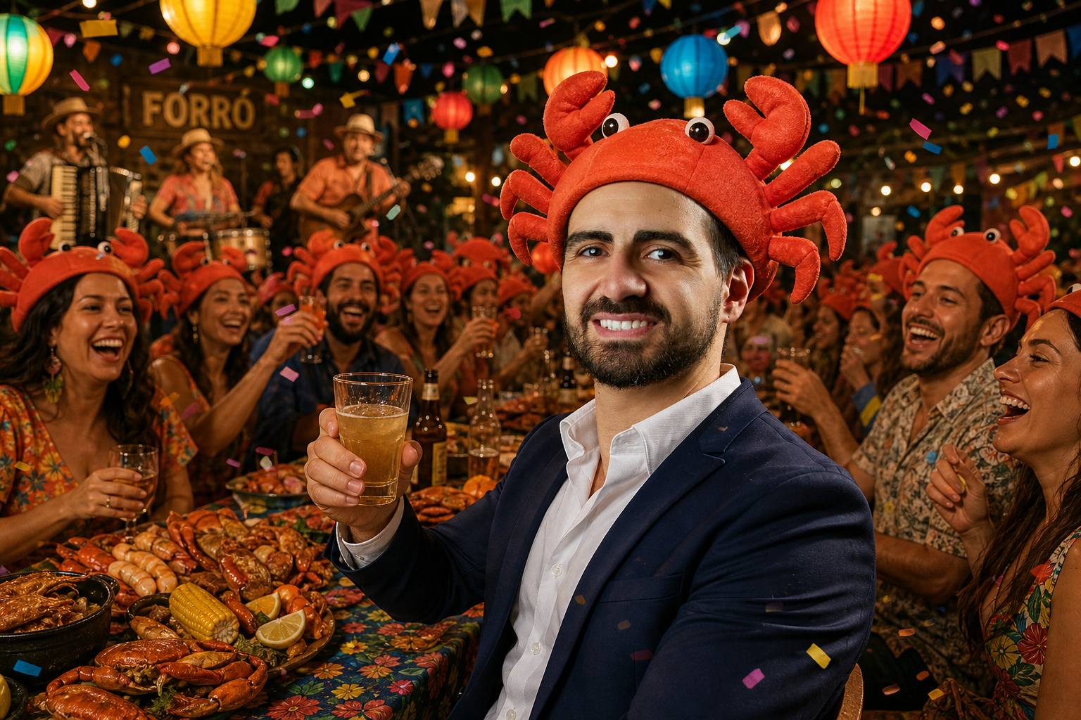 Festa com música ao vivo e clientes de chapéu